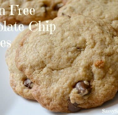 Gluten free chocolate chip cookies on a white plate.