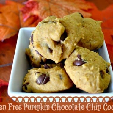 Gluten Free Pumpkin Chocolate Chip Cookies in a square, white bowl with fall leaves around.