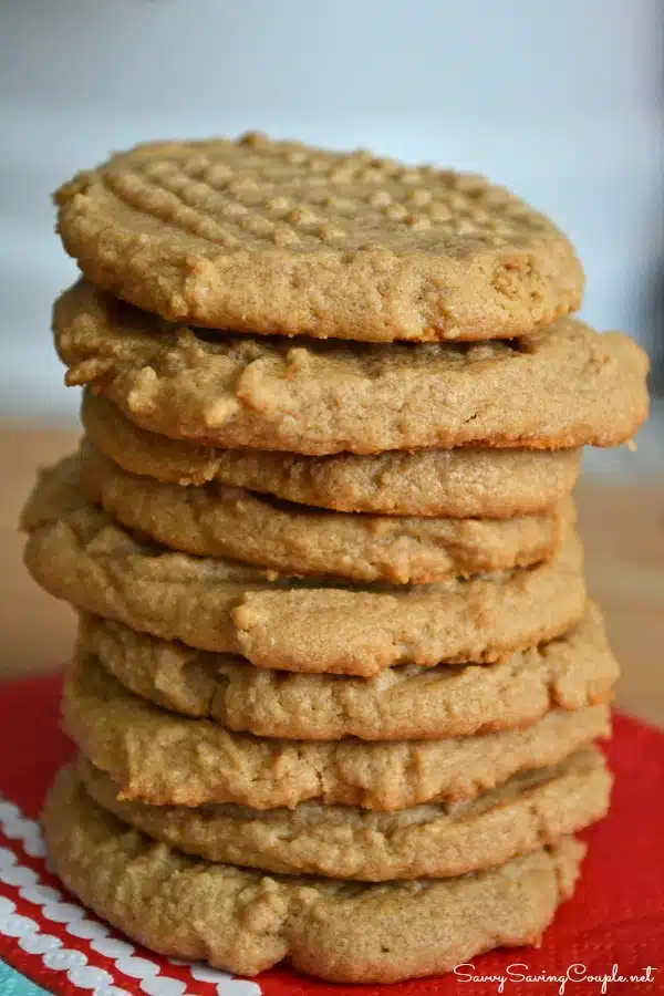 3-ingredient-peanut-butter-cookies stacked on top of each other. 