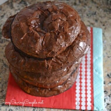 Flourless Chocolate Brownie Cookies on a blue, red, and white napkin.