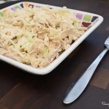 White meat chicken salad in a mosaic plate with a fork.