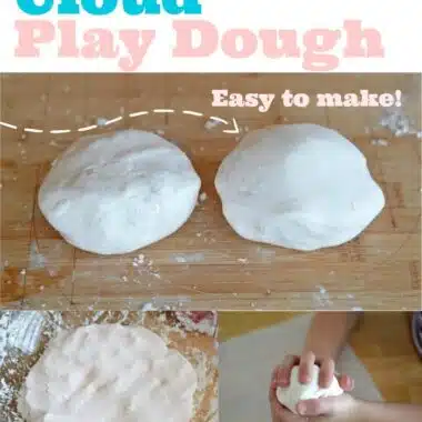 2 Ingredient Cloud Play Dough on a wooden cutting board with a kid playing with the dough.