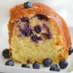 An up close shot of lemon blueberry bundt cake.