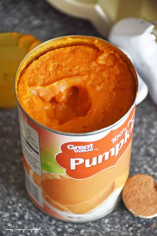 100% real canned pumpkin on a counter.