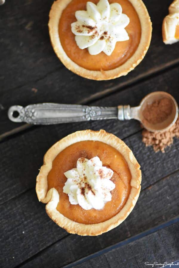 Mini pumpkin pies with a spoon with cinnamon sprinkled around. 