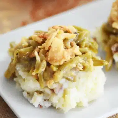 green bean casserole over mashed potatoes