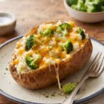 A cheesy, fluffy, broccoli stuffed potato on a plate with a silver fork.