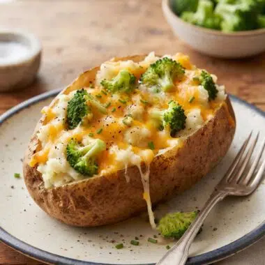 A cheesy, fluffy, broccoli stuffed potato on a plate with a silver fork.