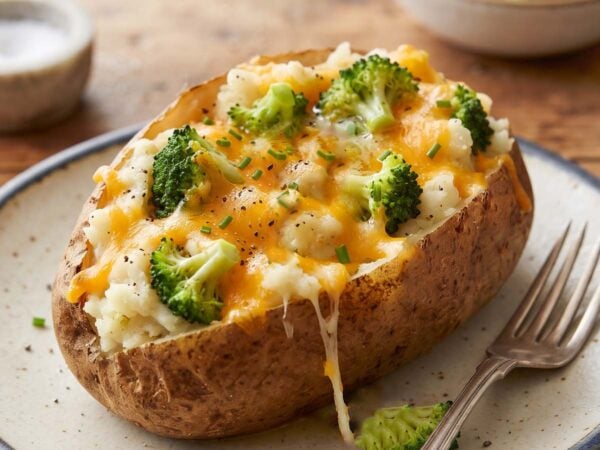 A cheesy, fluffy, broccoli stuffed potato on a plate with a silver fork.