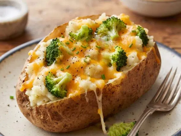 A cheesy, fluffy, broccoli stuffed potato on a plate with a silver fork.