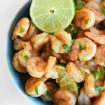 Garlic Lime Shrimp in a blue bowl.