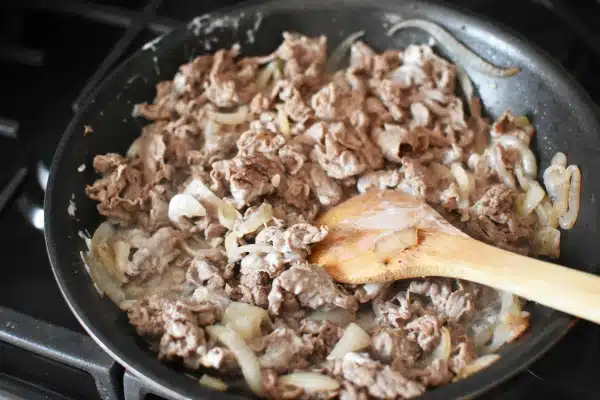 Steak & onions in frying pan1