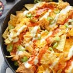 Easy Buffalo Chicken Nachos in a skillet
