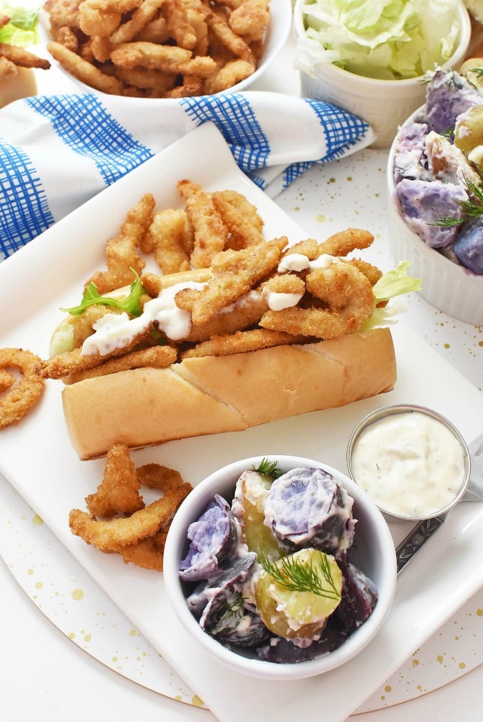 Grilled Clam Strip roll with potato salad 