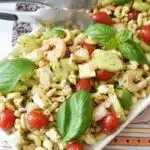Shrimp Pesto Pasta Salad in serving tray