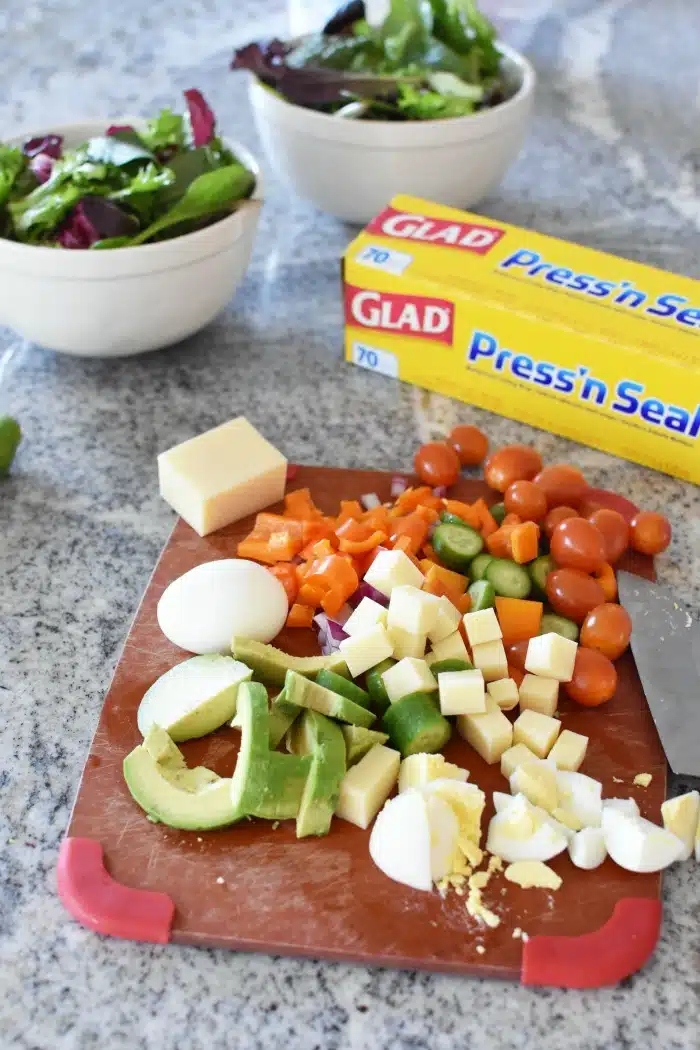 Chopped Salad veggies on cutting board