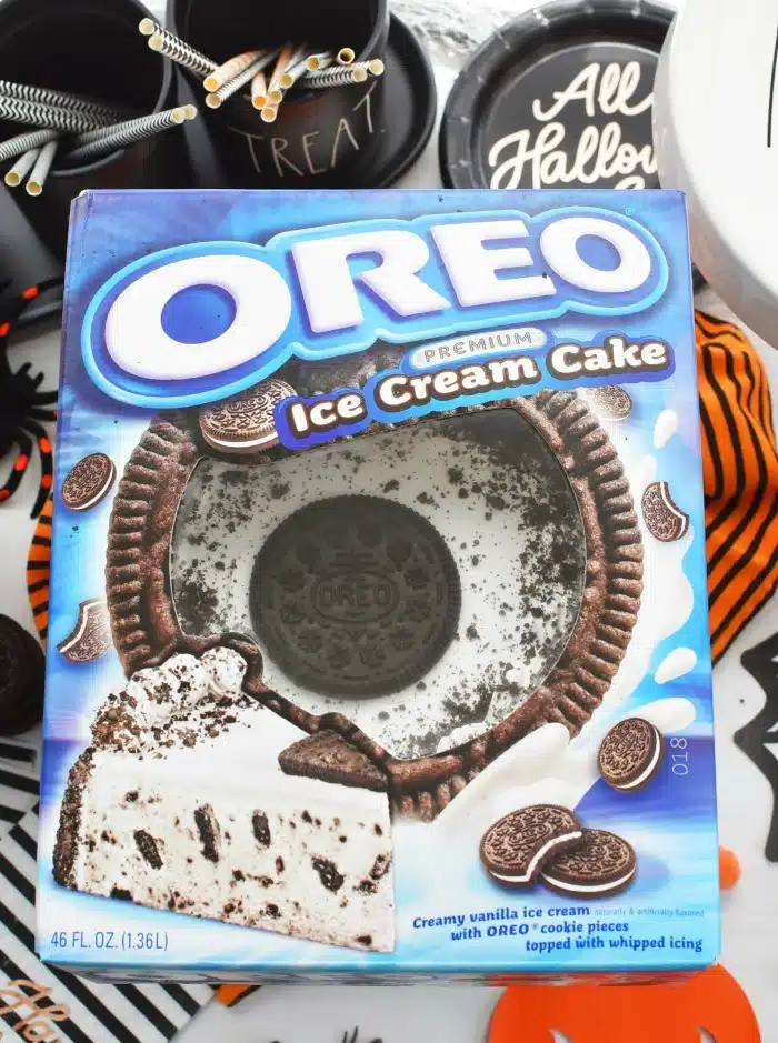 Oreo Ice Cream Cake box on Halloween themed table.