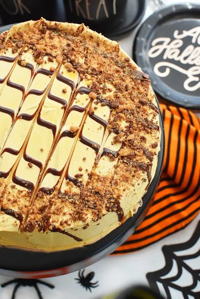 Up close shot of Reeses Ice Cream Cake on stand.