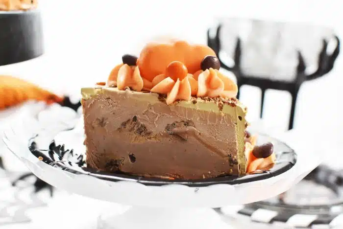 Ice Cream Cake Slice with Pumpkins on Halloween plate.