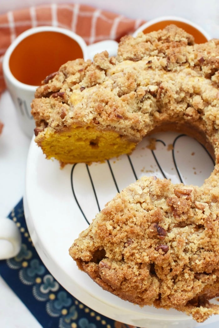 Pumpkin Coffee Cake with piece missing. 