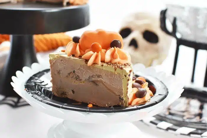 Reeses Pumpkin Cake on Halloween plate.
