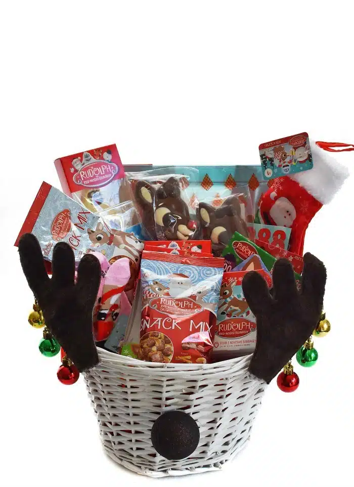 Reindeer Christmas Gift basket with antlers and goodies. 