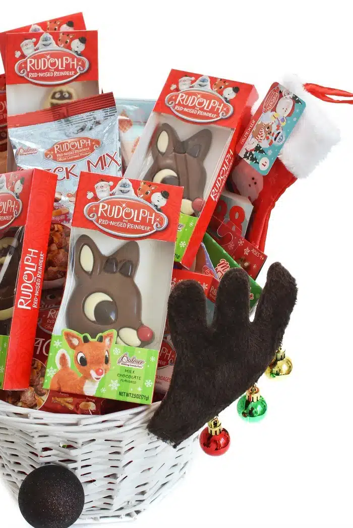 Reindeer Gift Basket up close shot of candies. 