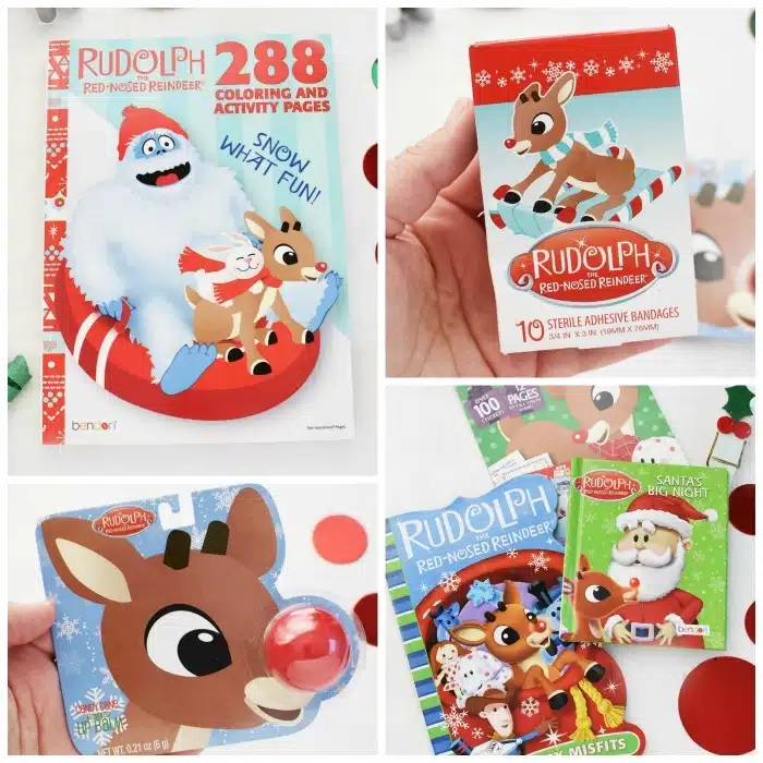 Rudolph Christmas Basket Fillers in collage shot- various stocking stuffers. 