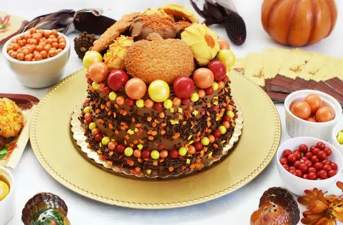 Thanksgiving Chocolate Cake on a gold platter with Harvest themed table spread. 