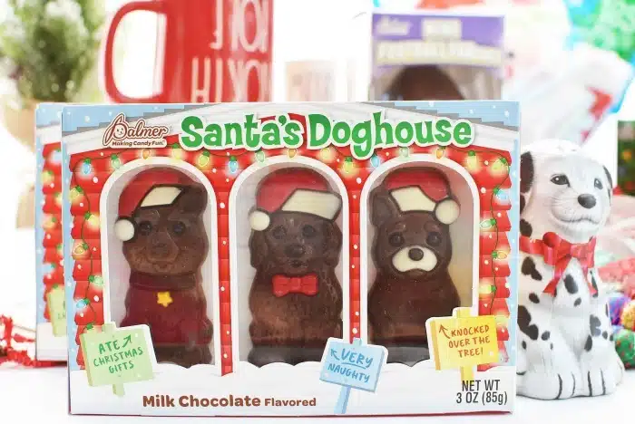 Santa's Doghouse Chocolate on a white table. 