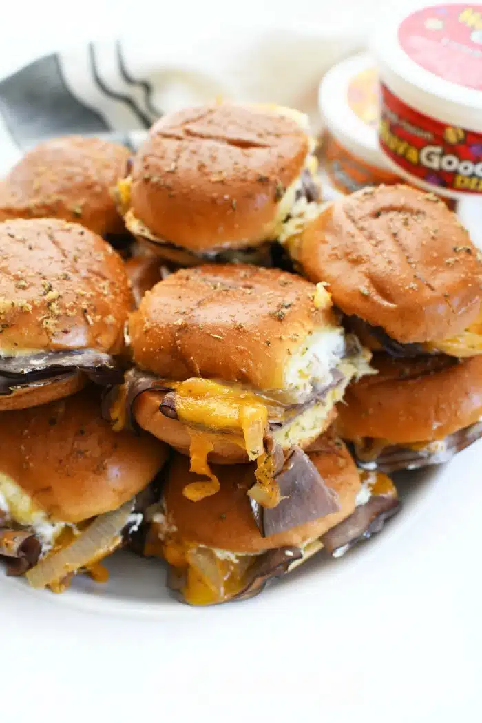 Cheddar & Roast Beef Onion Sliders on platter.