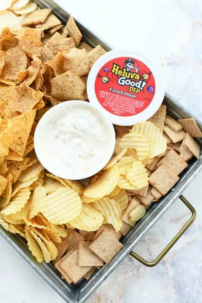 Chips and dip snack tray with French onion dip. 