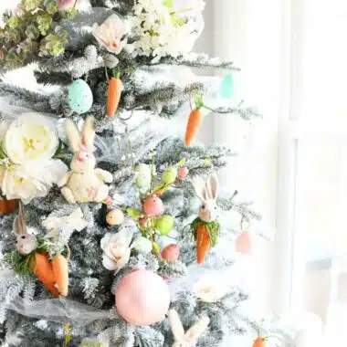 Farmhouse Easter Tree with carrot eggs, bunnies, and floral ornaments.