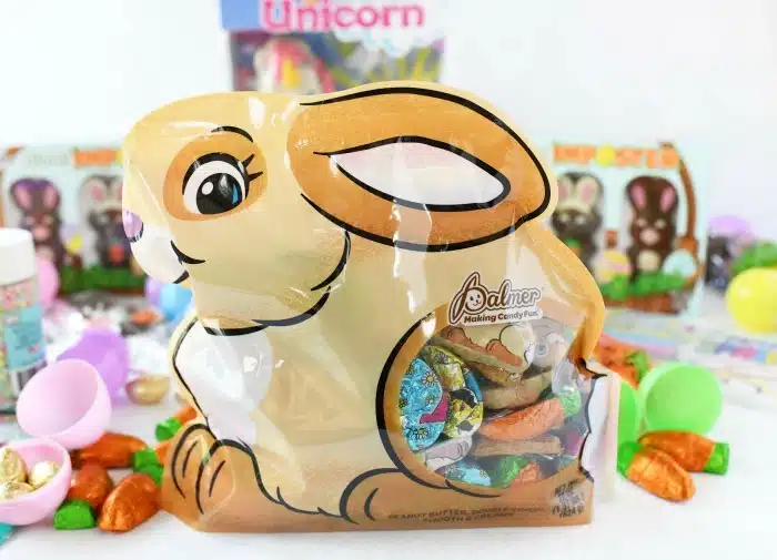 Hoppy Bunny mix bag filled with chocolates on white table. 