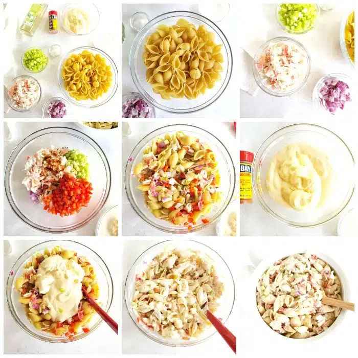 How to make seafood pasta salad step by step process grid of the steps