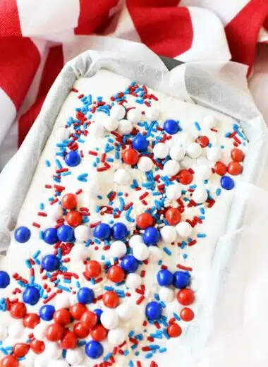 Sixlets Ice Cream in load pan with patriotic napkin.