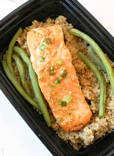 Honey Mustard Salmon in a meal prep container.
