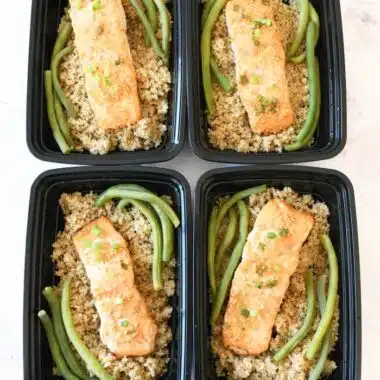 Honey Mustard Salmon Meal prep containers filled.