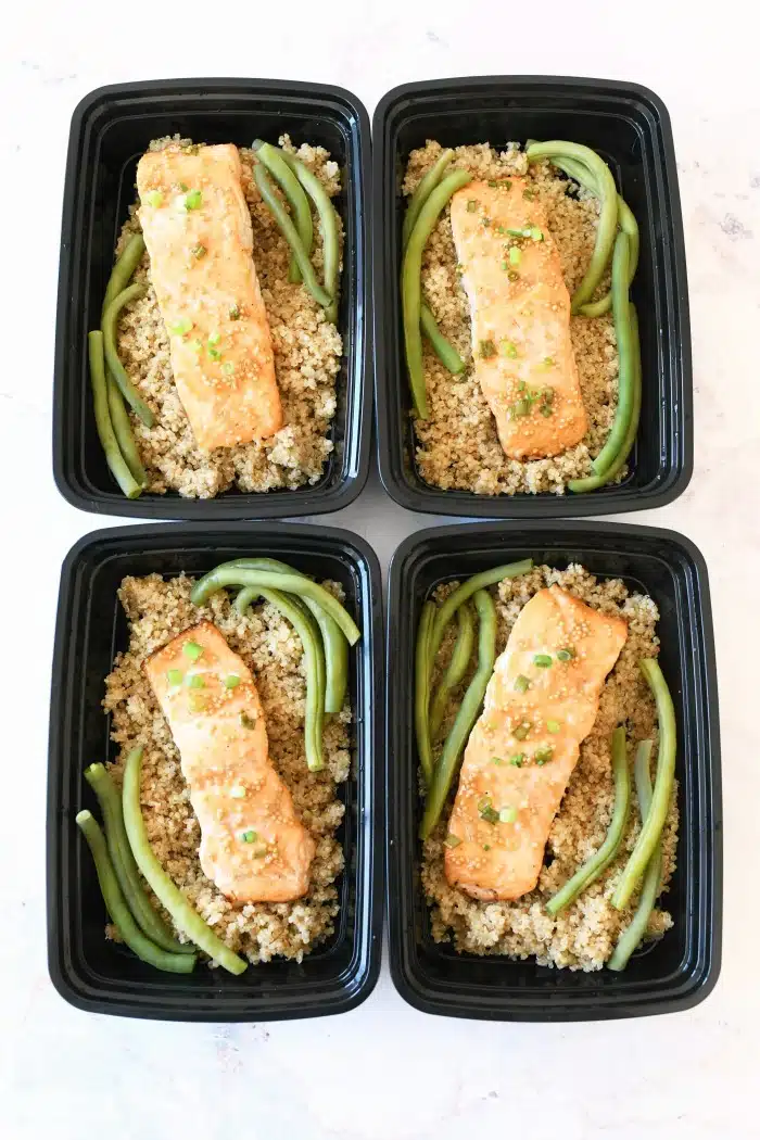 Honey Mustard Salmon Meal prep containers filled.