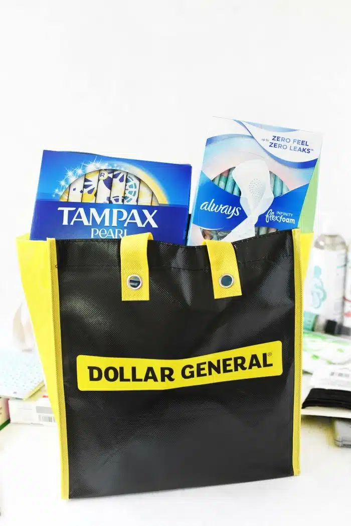 Dollar General reusable bag with HBC products inside 