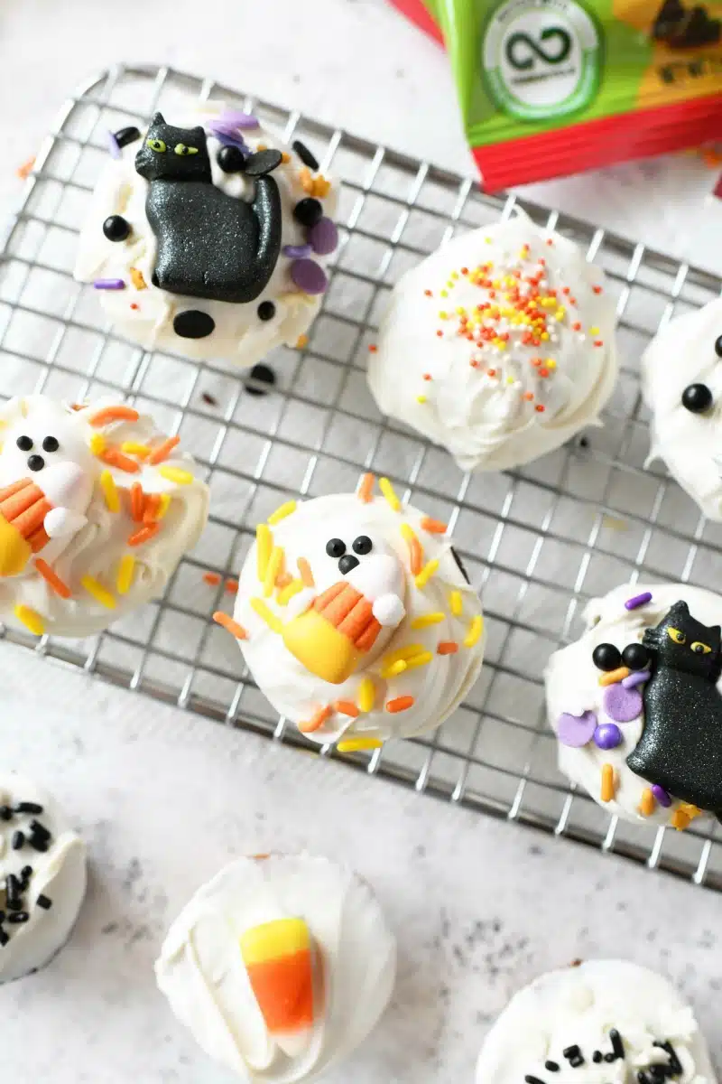Halloween decorated Little Bites on a baking rack.