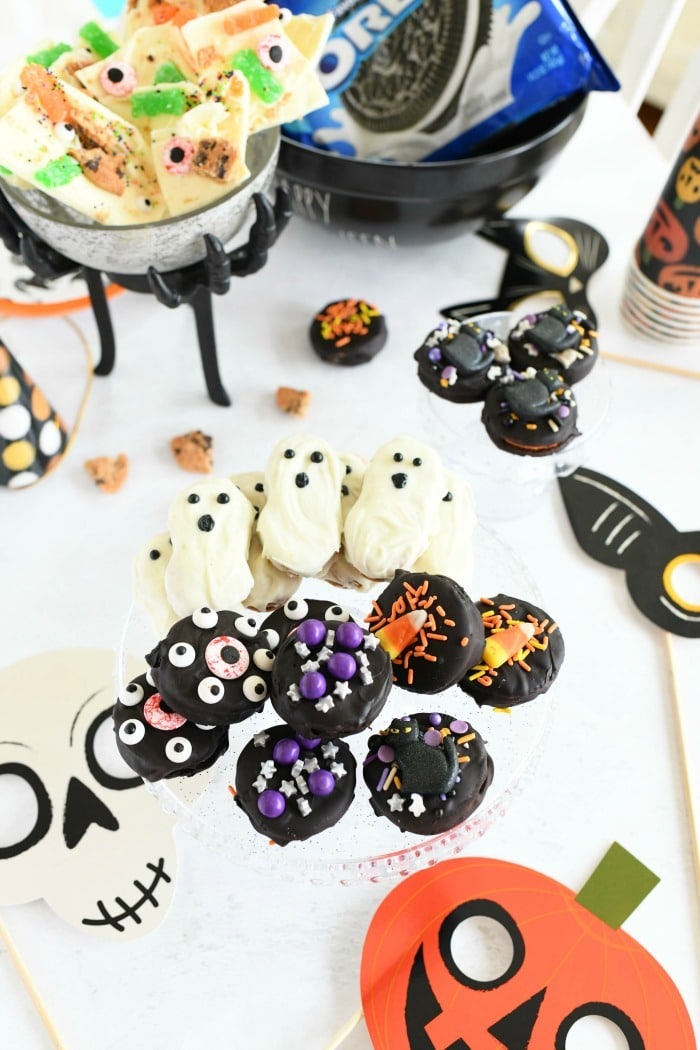 Halloween party snacks on a white table.