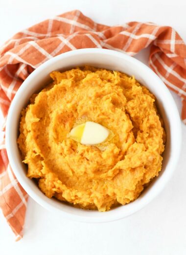 Mashed Butternut with sour cream and an orange plaid napkin.