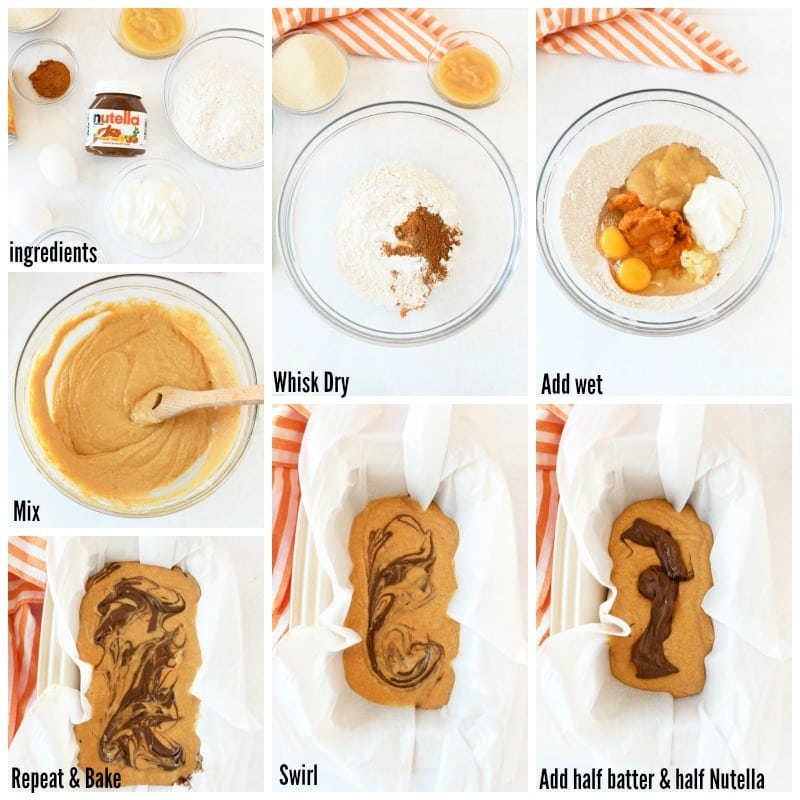 How to make Nutella Swirl Pumpkin Bread graphic with multiple images showing each step. 
