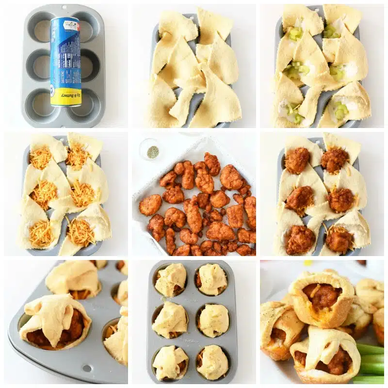 How to Make Crescent Dough Bites- a grid of 9 images showcasing the steps to make these bites from raw ingredients to baked buffalo chicken bites. 