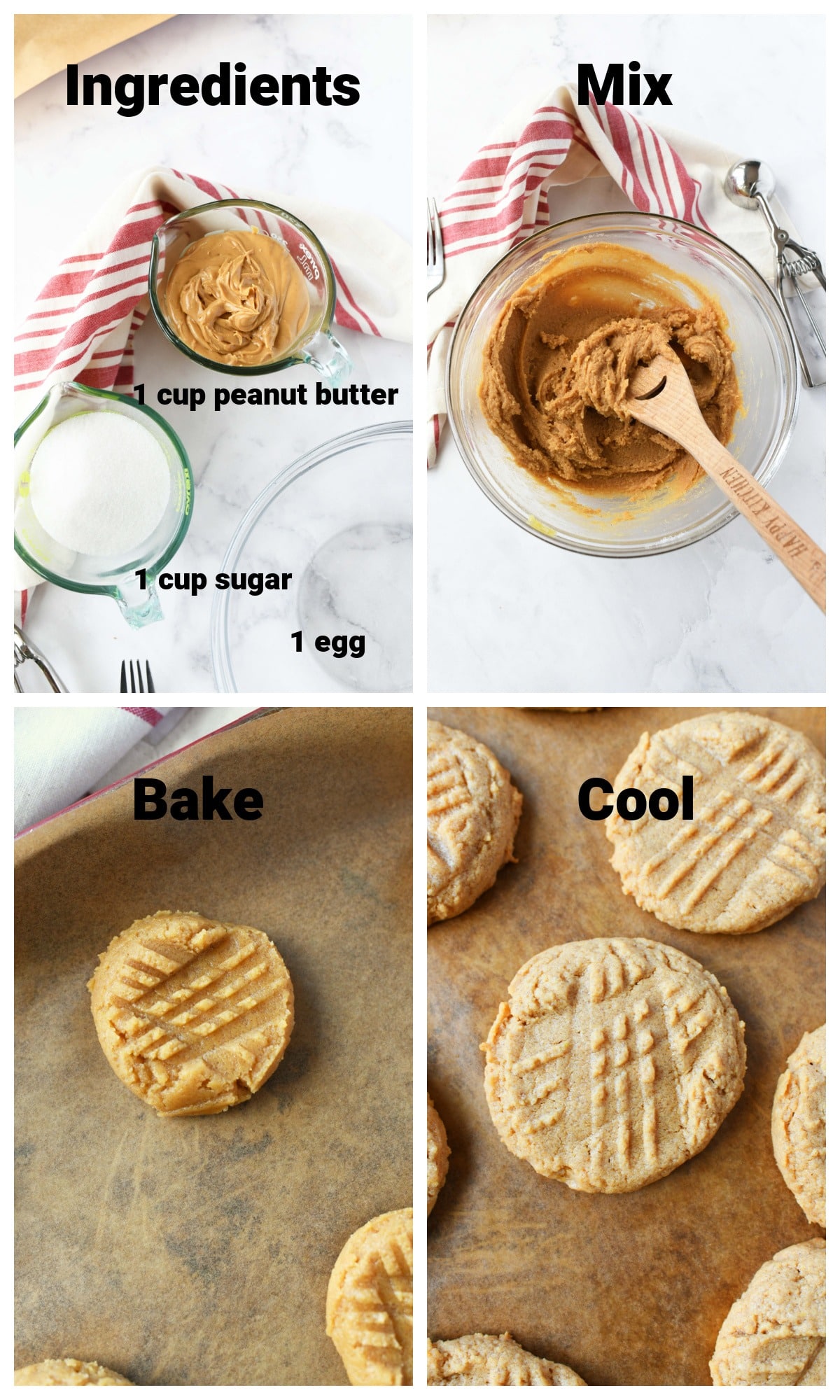 A four image collage showing how to make 3 ingredient peanut butter cookies.