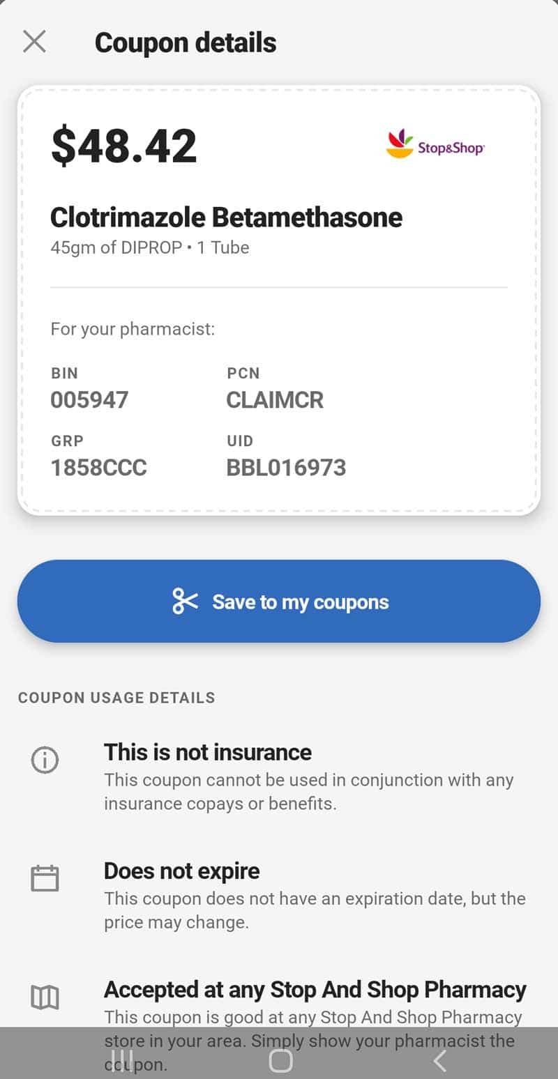 Clotrimazole and Betamethasone Dipropionate Cream savings card from optum savings card. This is just a screen cap of the card off the app.