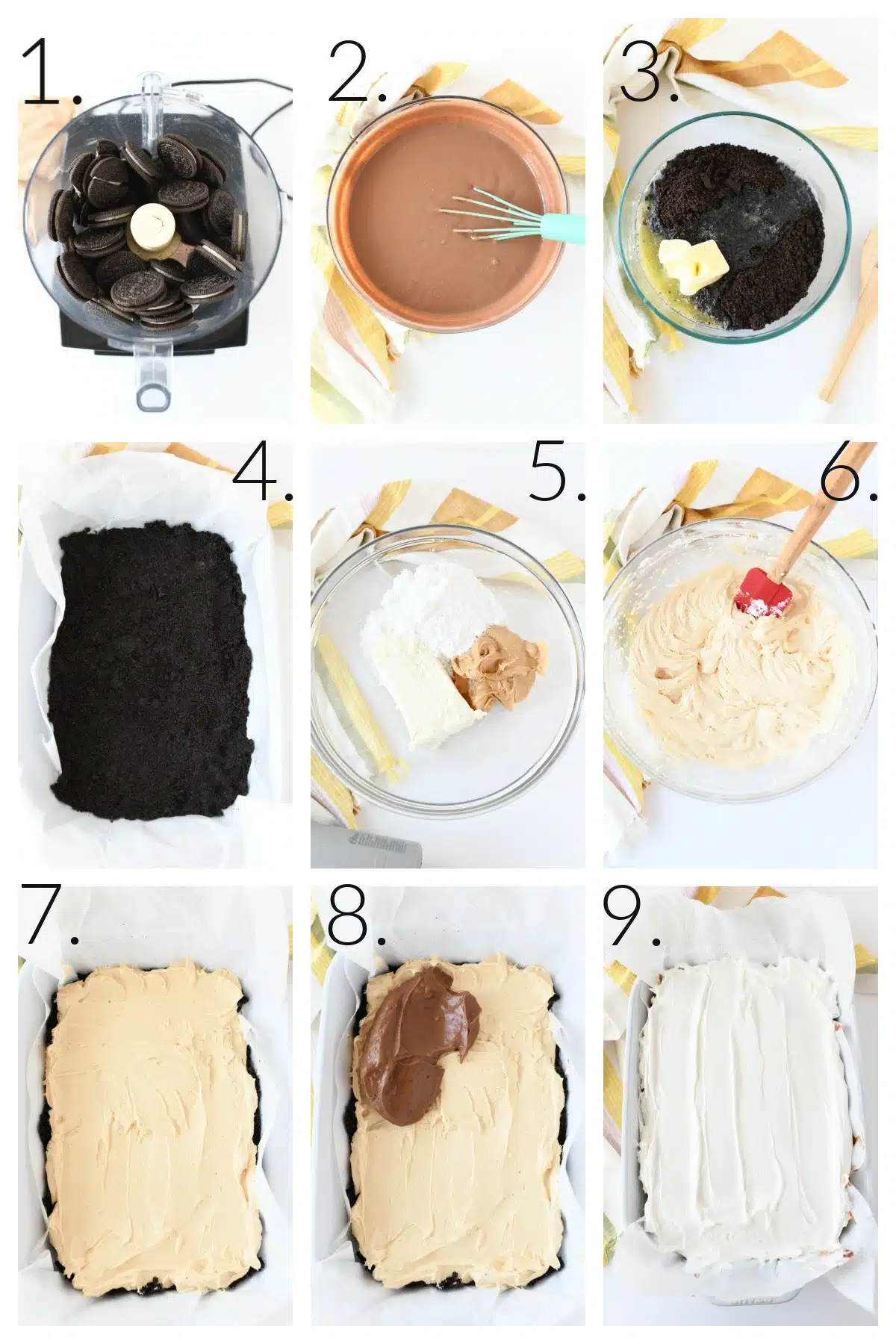 How to Make Peanut Butter Chocolate Lasagna. A 9 block grid on the steps to make this no-bake desserts.