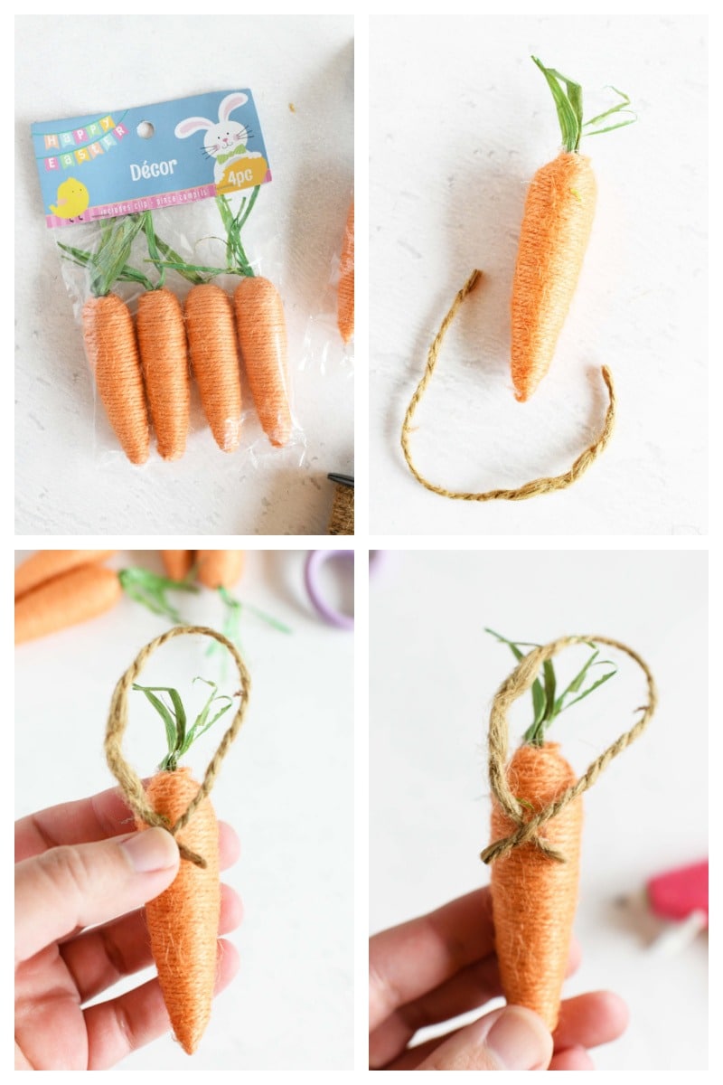 How to make carrot ornaments. A 4 image, step by step process.