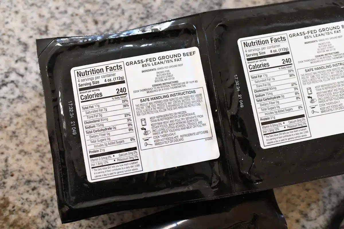 Butcher Box ground beef black nutrition label back on a counter.